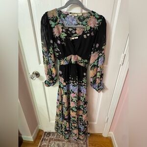 Mahila Floral Midi Dress XS Boho Sheer Sleeve Belted